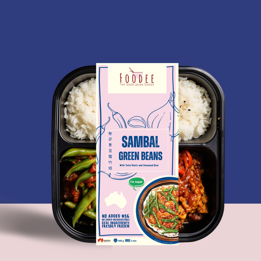 Sambal Green Bean with Tofu Knots and Steamed Rice